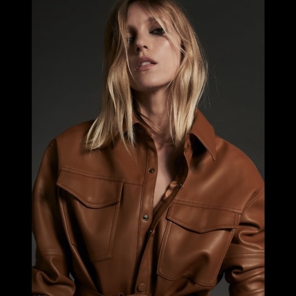 ZARA BROWN CAMEL LEATHER BELT SHIRT MINI DRESS TAN - Picture 8 of 9